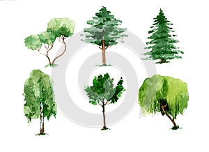 Set of green watercolor trees. hand drawn illustration isolated on white background