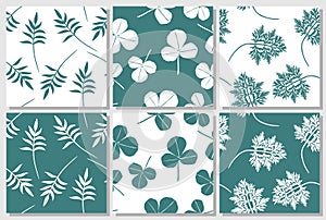 Set of green and white seamless patterns with leaves.