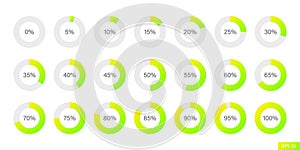 Set of green and yellow gradient infographic percentage pie chart icons in flat style design