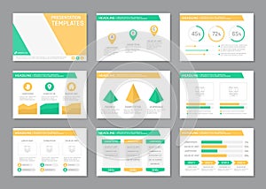 Set of green and yellow template for multipurpose presentation slides. Leaflet, annual report, book cover design.