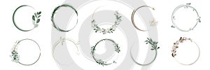 Set of greenery leaf wreaths and bouquets frame with watercolor