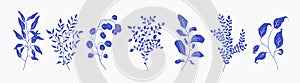 Set of greenery silhouette floral branch, leaf, plants. Botanic delicate blue foliage leaves