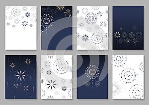 Set of greeting card decorated with fireworks. Cartoon style. White and dark blue background.