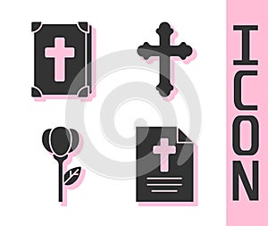 Set Greeting card with Happy Easter, Holy bible book, Flower tulip and Christian cross icon. Vector