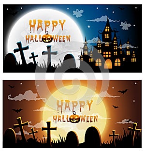 set greeting card haunted house and full moon with ghost,Halloween night background