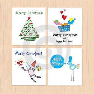 Set of greeting card: Merry Christmas and Happy New Year Creative Hand Drawn card with 4 styles with angle,christmas tree and