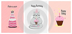 Set of greeting cards with cutey cat and birthday cakes.