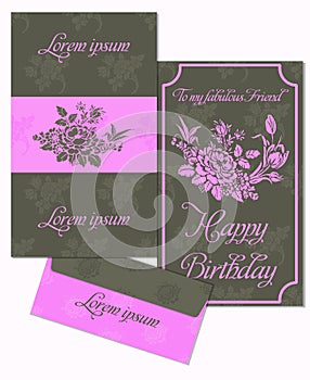 Set of greeting cards and envelope in a luxurious vintage style