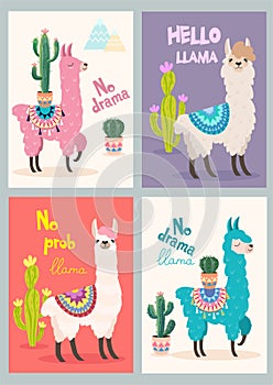 Set of greeting cards with llama. Stylized cartoon llama with ornament design and cactus. Vector poster. photo