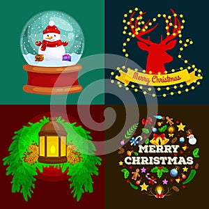 Set of greeting cards Merry Christmas and a Happy New Year with a lantern, the lights in reindeer antlers, candy in