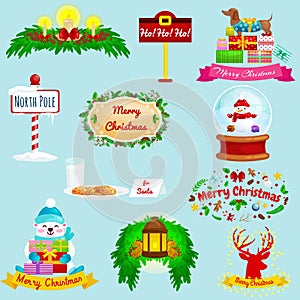 Set of greeting cards Merry Christmas and a Happy New Year with a lantern, the lights in reindeer antlers, candy in