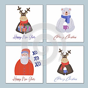 A set of greeting cards for Merry Christmas and Happy New Year. Teddy Bear, Reindeer and Sanja Claus. Holiday vector photo