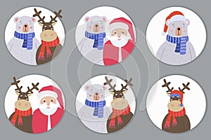 A set of greeting cards for Merry Christmas and Happy New Year. Teddy Bear, Reindeer and Sanja Claus. Holiday vector photo