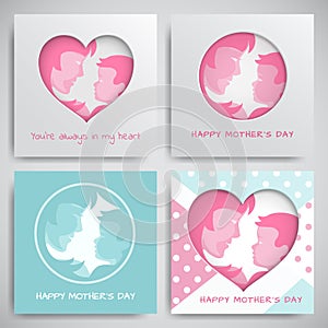 Set of greeting cards for mother`s day. Women and baby silhouettes, congratulation text, cuted heart on dotted background