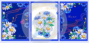 Set of greeting cards ornate with beautiful daisies and cornflowers. Layout ready for your project. Floral motifs for t-shirts,