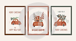 Set of greeting Christmas cards to winter holidays, Christmas cars with gift boxes and Christmas trees