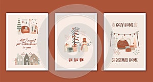 Set of greeting Christmas cards to winter holidays, cozy home elements, snowman and Christmas trees