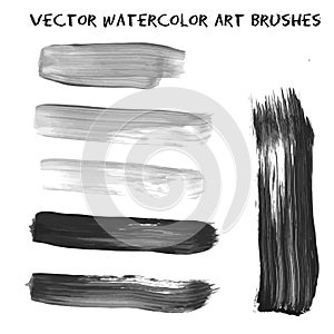 Set of grey and black watercolor paint, ink, grunge, dirty brush strokes. Vector illustration for art design prints