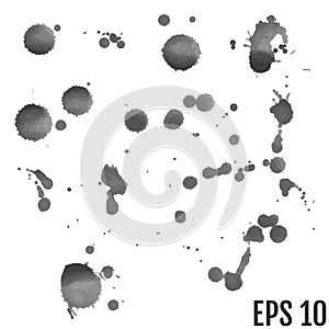 Set of grey splash on white background. Grunge ink blots and drops. High quality manually traced vector illustration