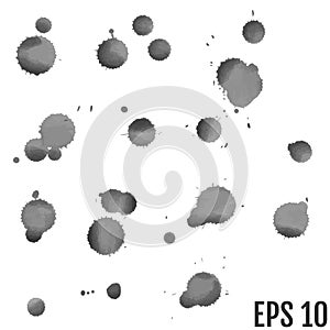 Set of grey splash on white background. Grunge ink blots and drops. High quality manually traced vector illustration