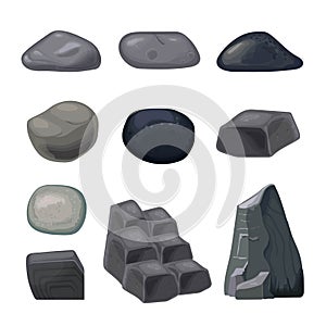 Set of grey stones of different shape on white background