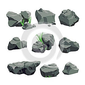 Set of Grey Stones Isolated on White Background. Single and Piled Rocks with Green Grass, Graphic Design Elements