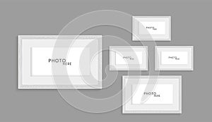 Set of grey wooden pattern of photo frames on isolated dark wall, uded in photo mock up vector illustration