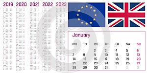 Set grid wall calendar english for 2019, 2020, 2021, 2022, 2023, with weeks