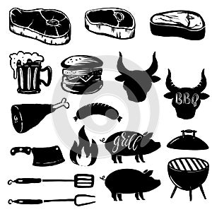 Set of grill design elements. Steak, grill, burger, beer mug, meat.