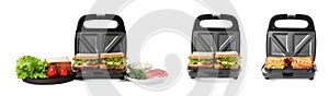 Set with grill makers, tasty sandwiches and different products on white background. Banner design