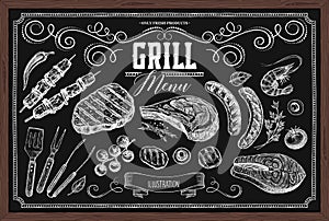 Set of grilled cooking elements, hand-drawn in vector illustration.