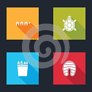 Set Grilled fish steak, Turtle, Fishing bucket with fishes and icon. Vector