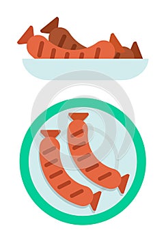 Set of grilled sausages in a plate vector icon flat isolated