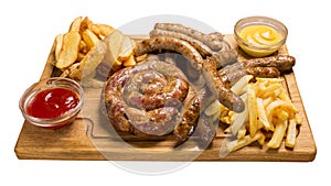 Set of grilled sausages a wooden board. Isolated image on white background