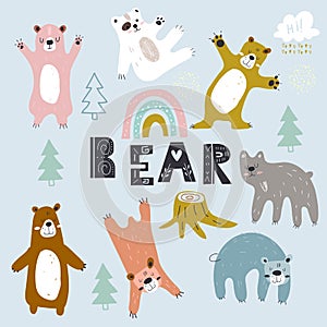 Set of Grizzly bears.Creative scandinavian style kids. Cute polar Teddy bear. cartoon hand drawn vector illustration.