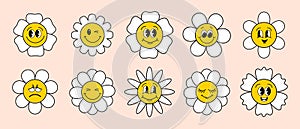 Set of groovy flowers emoticons, emoji. Retro groove design 70s style. Icons, stickers