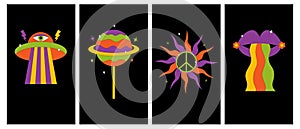 Set of groovy hipie vertical posters in 60s.70s stayle. Vector icons: sun,lips with rainbow,spaceship, planet. Vector photo