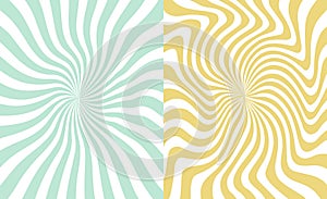 Set of groovy hippie posters. Trippy spiral wavy lines background. Psychedelic sunburst radial burst wallpaper.