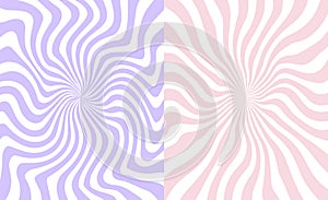 Set of groovy hippie posters. Trippy spiral wavy lines background. Psychedelic sunburst radial burst wallpaper.