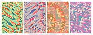 Set Groovy wavy vertical posters Abstract retro line art aesthetic 70s style. Trendy 1960s color waves groove background