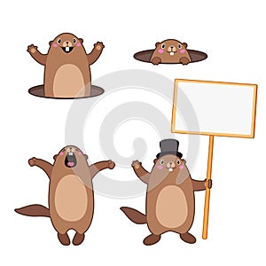 Set of groundhog popping out of his hole and holding a blank sign board. Cartoon outlines