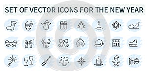 Set, group of blue vector icons for the New year. Christmas, 2021, holiday, web.