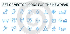 Set, group of blue vector icons for the New year. Christmas, 2021, holiday, web. Santa Claus, Christmas tree. Santa Claus.