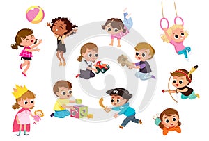 Set group collection of vector cute babies kids characters playing.