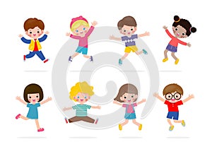 Set group collection of vector cute babies kids characters playing doing activities in different various poses, Happy children