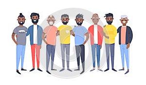 Set of a group of different african american men. Cartoon style characters of different ages. Vector illustration people