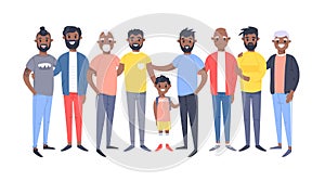 Set of a group of different african american men. Cartoon style characters of different ages. Vector illustration people