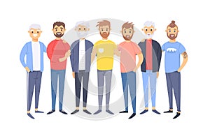 Set of a group of different caucasian men. Cartoon style european characters of different ages. Vector illustration american