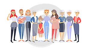 Set of a group of different caucasian women. Cartoon style european characters of different ages. Vector illustration american