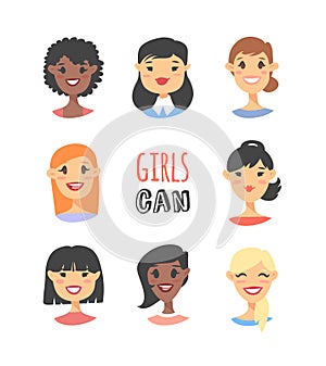 Set of a group of different people and text. Cartoon style characters of different races. Vector illustration caucasian, asian and